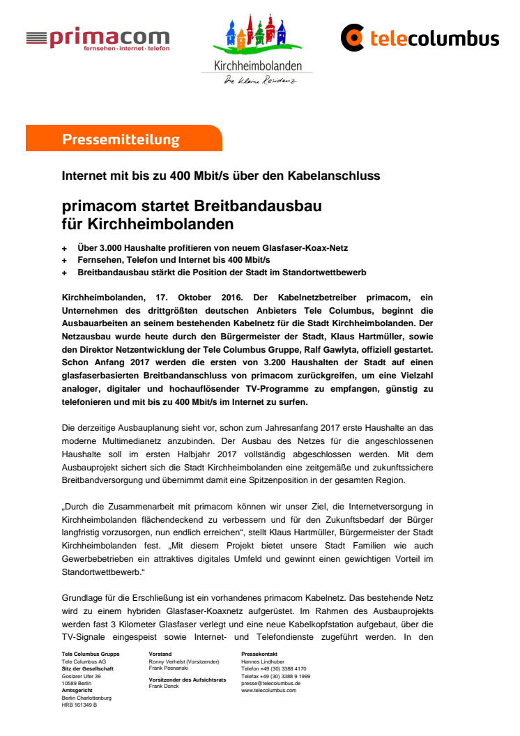  primacom startet Breitbandausbau für Kirchheimbolanden