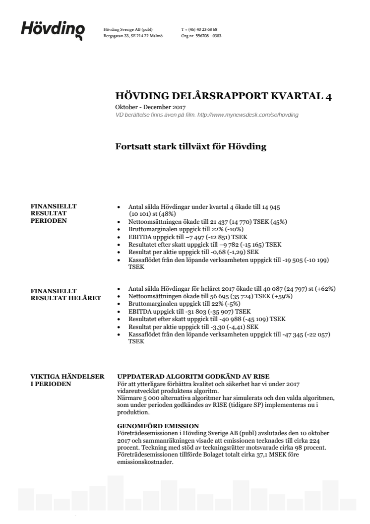 Fortsatt stark tillväxt för Hövding - Delårsrapport kvartal 4, oktober - december 2017