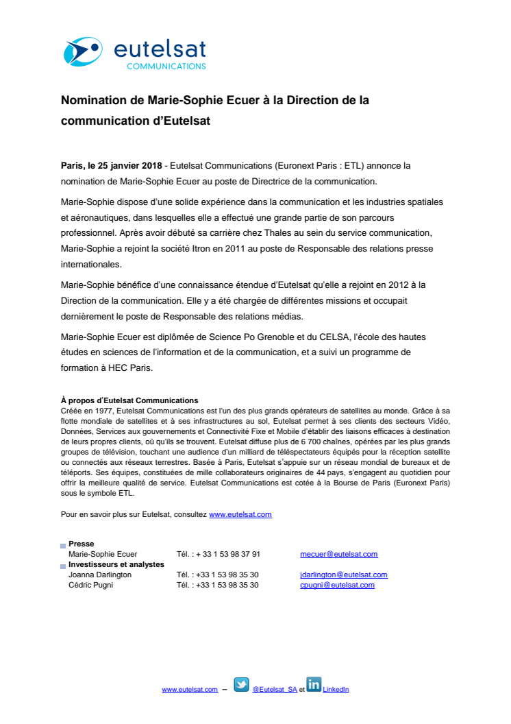 ​Nomination de Marie-Sophie Ecuer à la Direction de la communication d’Eutelsat