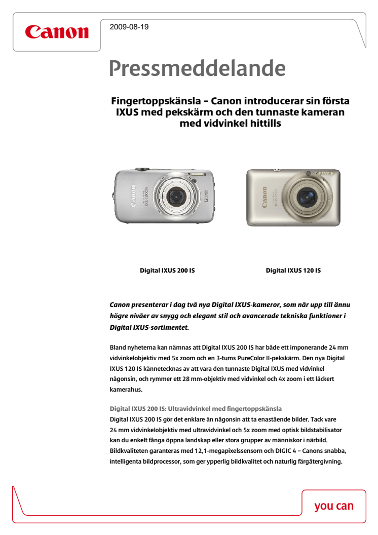 Fingertoppskänsla – Canon introducerar sin första IXUS med pekskärm och den tunnaste kameran med vidvinkel hittills