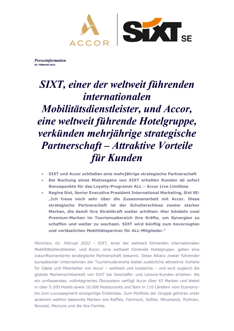 SIXT, einer der weltweit führenden internationalen Mobilitätsdienstleister, und Accor, eine weltweit führende Hotelgruppe, verkünden mehrjährige strategische Partnerschaft – Attraktive Vorteile für Kunden