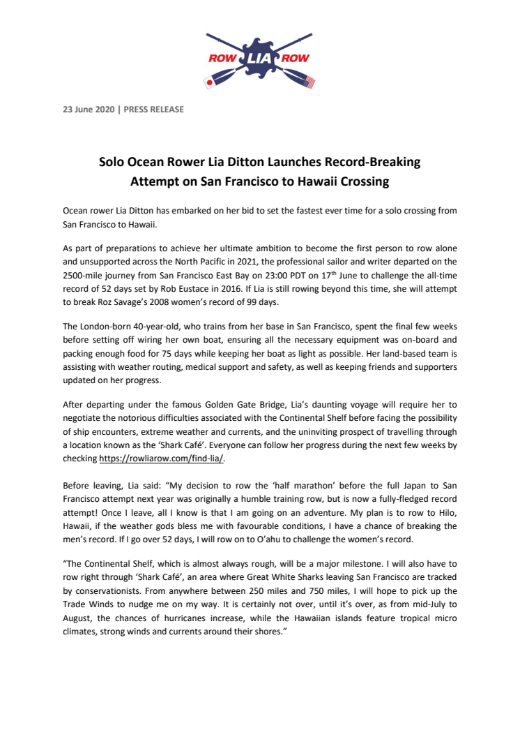 Solo Ocean Rower Lia Ditton Launches Record-Breaking Attempt on San Francisco to Hawaii Crossing