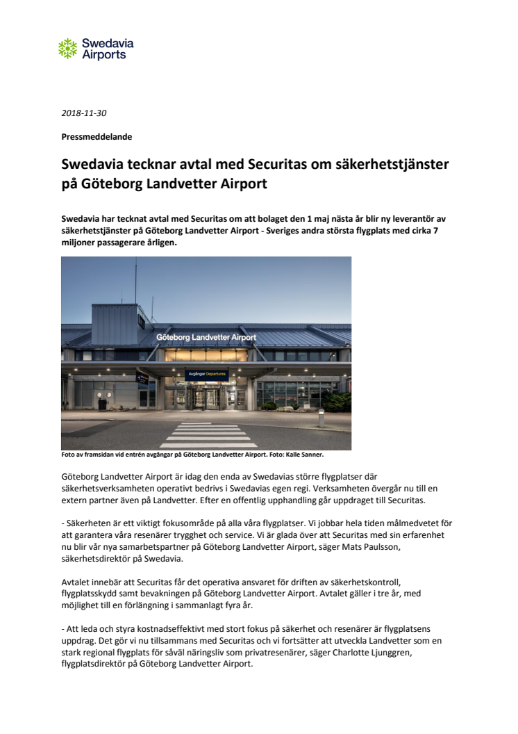 Swedavia tecknar avtal med Securitas om säkerhetstjänster på Göteborg Landvetter Airport