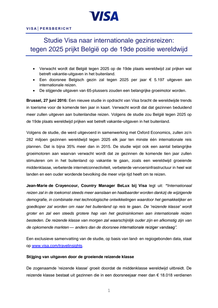 Studie Visa naar internationale gezinsreizen:  tegen 2025 prijkt België op de 19de positie wereldwijd