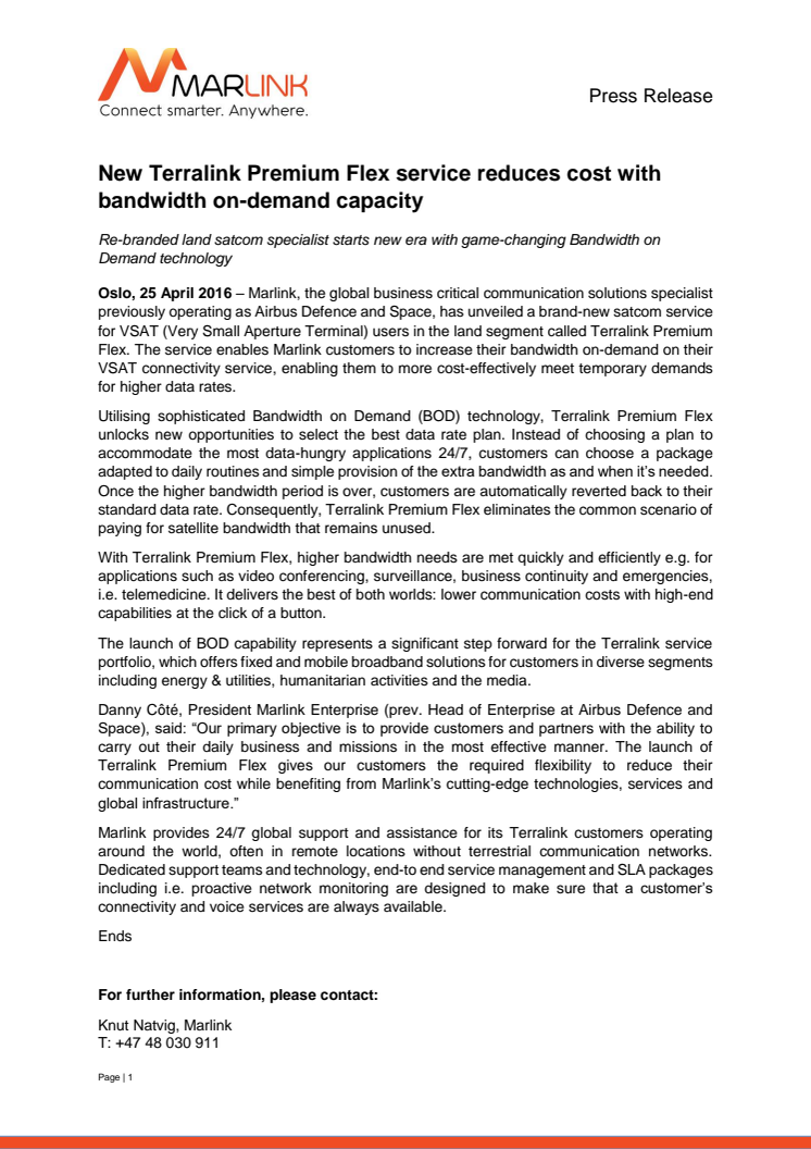 Marlink: New Terralink Premium Flex Service Reduces Cost with Bandwidth On Demand Flexibility