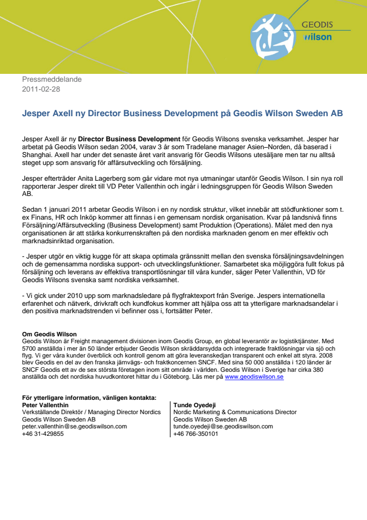Jesper Axell ny Director Business Development på Geodis Wilson Sweden AB