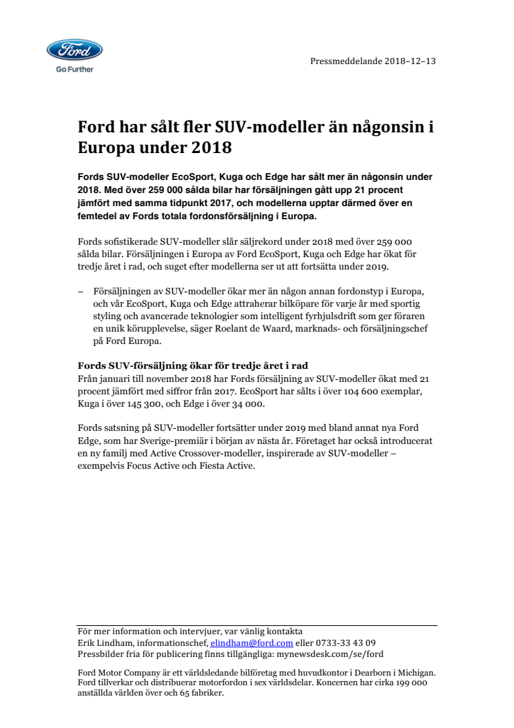 Ford har sålt fler SUV-modeller än någonsin i Europa under 2018