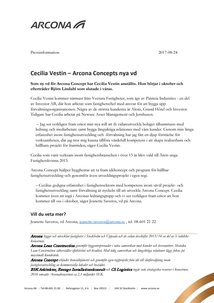 Cecilia Vestin – Arcona Concepts nya vd 