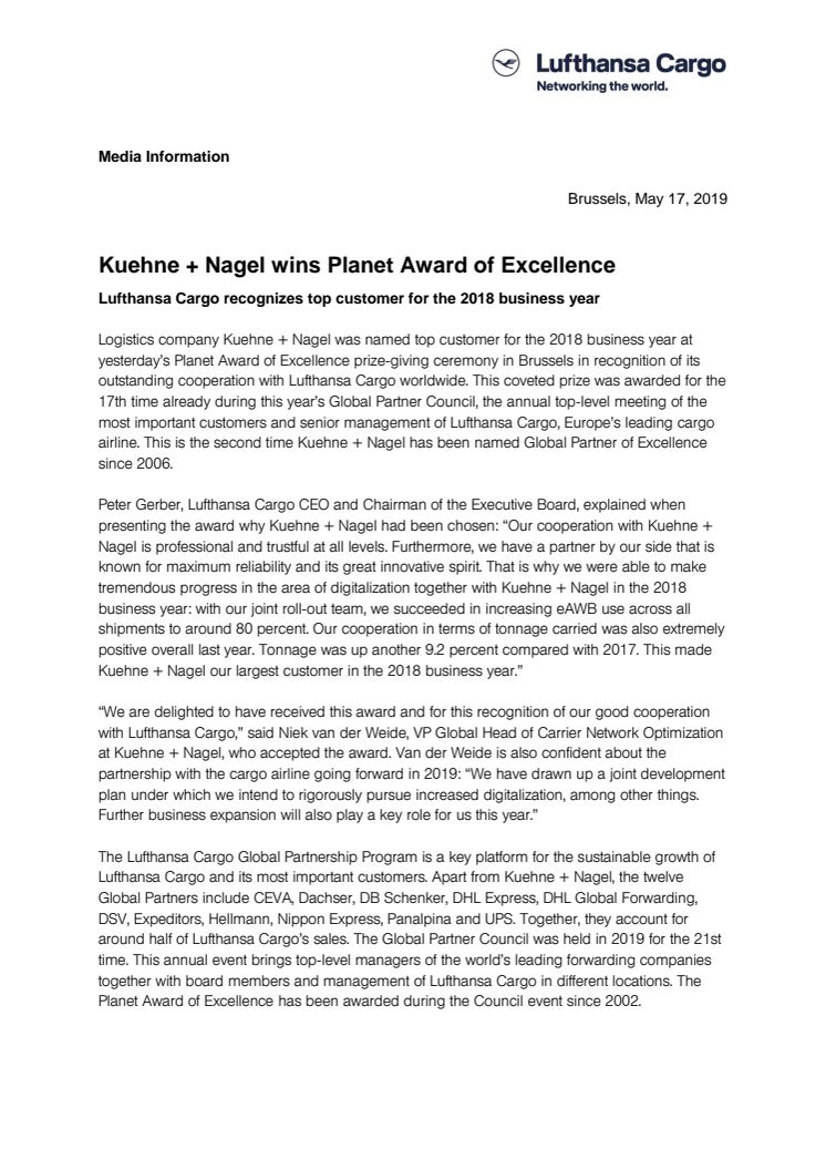 Kuehne + Nagel wins Planet Award of Excellence