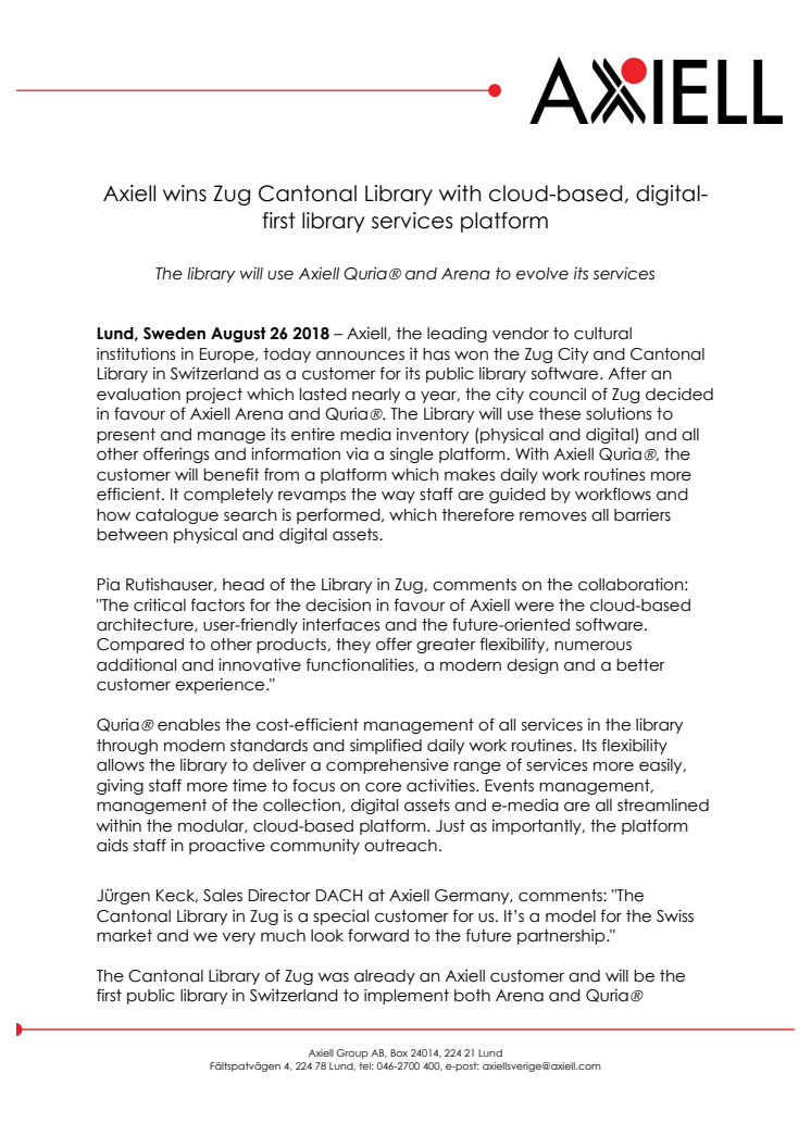 Axiell wins Zug Cantonal Library with cloud-based, digital-first library services platform