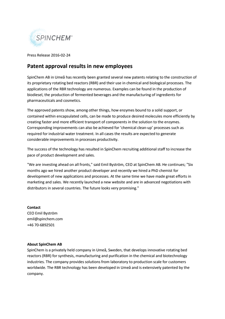 Patent approval results in new employees 