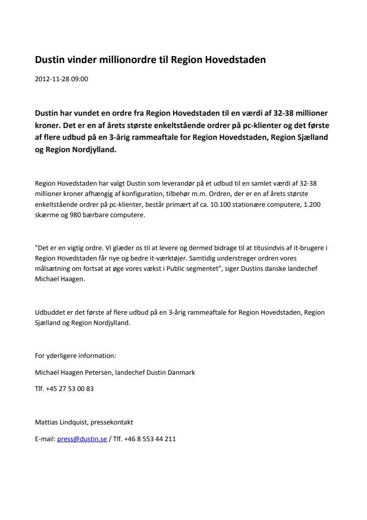 Dustin vinder millionordre til Region Hovedstaden