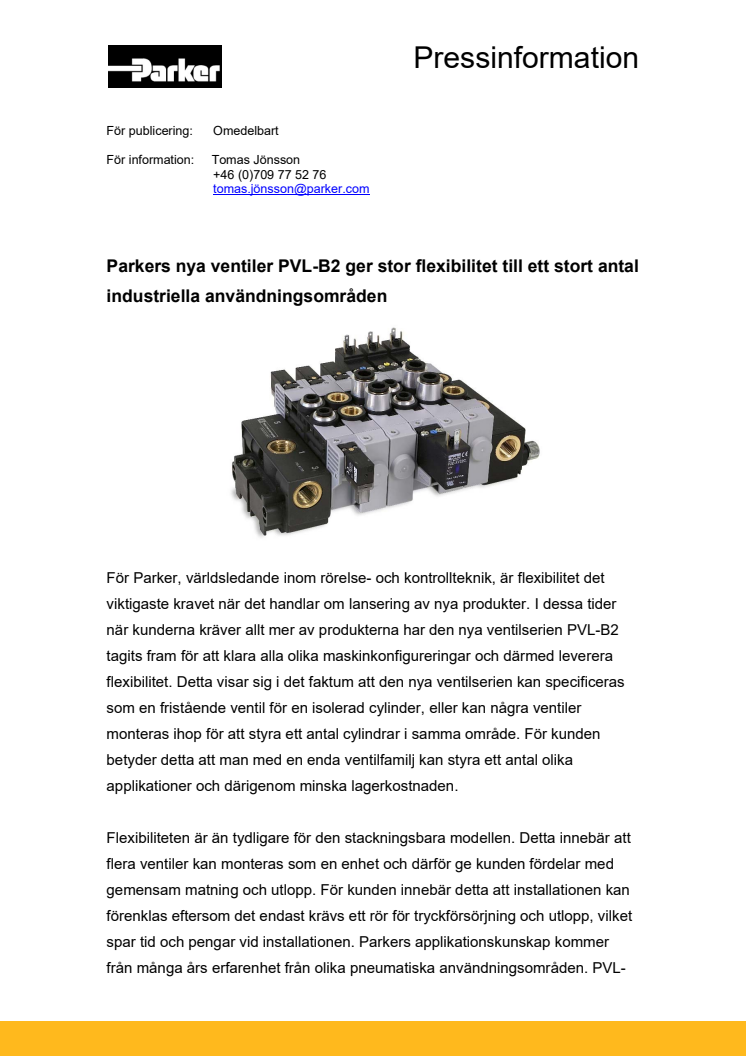 Pneumatisk ventilpaket sparar plats och kostnader – PVL-B2 från Parker