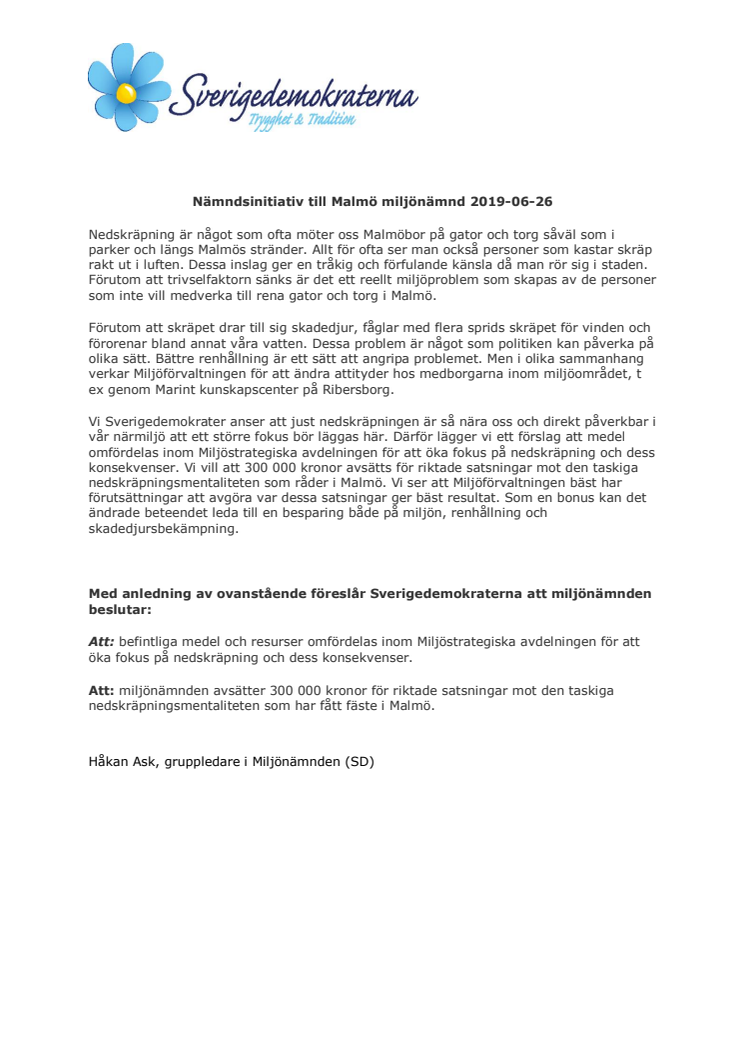 SD Malmö föreslår krafttag mot nedskräpning 