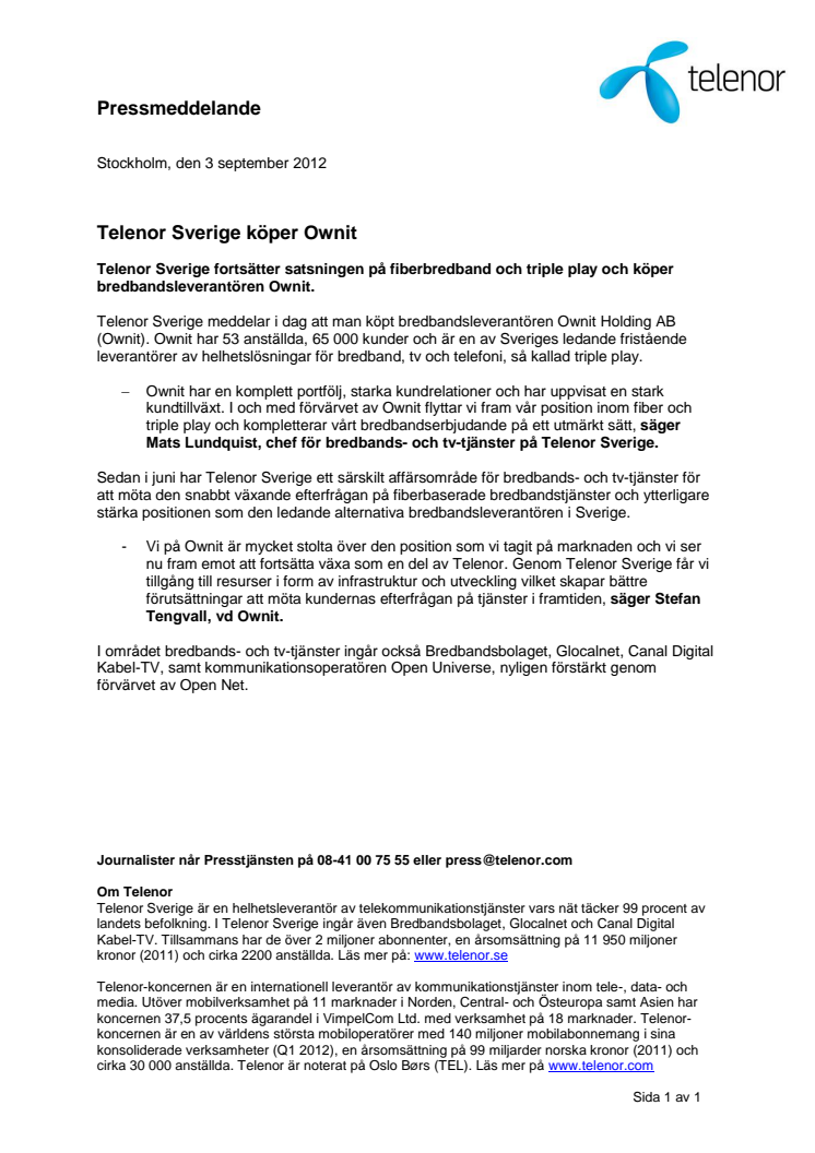 Telenor Sverige köper Ownit