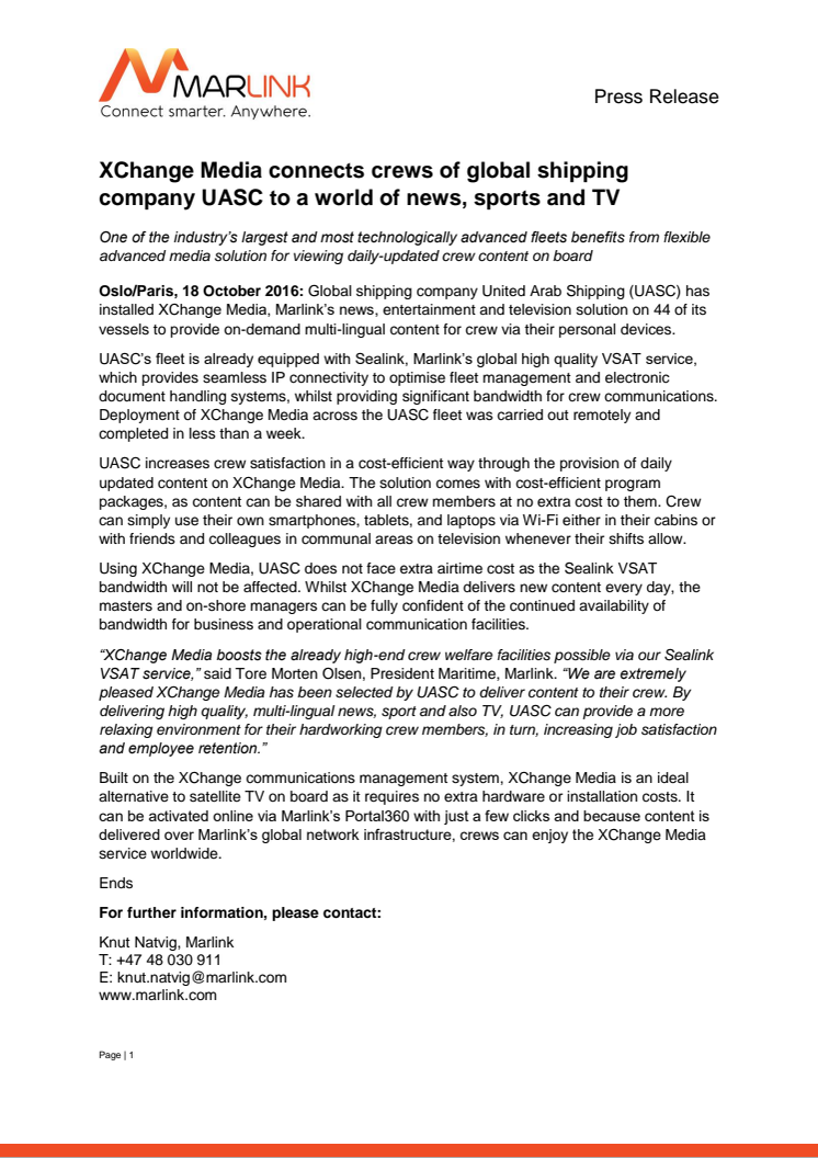 Marlink: XChange Media connects crews of global shipping company UASC to a world of news, sports and TV 