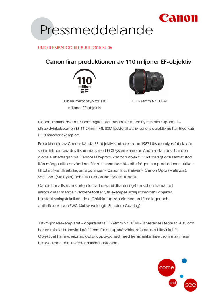 Canon firar produktionen av 110 miljoner EF objektiv