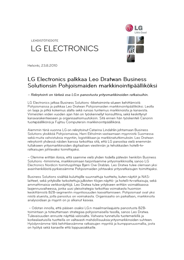 LG Electronics palkkaa Leo Dratwan Business Solutionsin Pohjoismaiden markkinointipäälliköksi