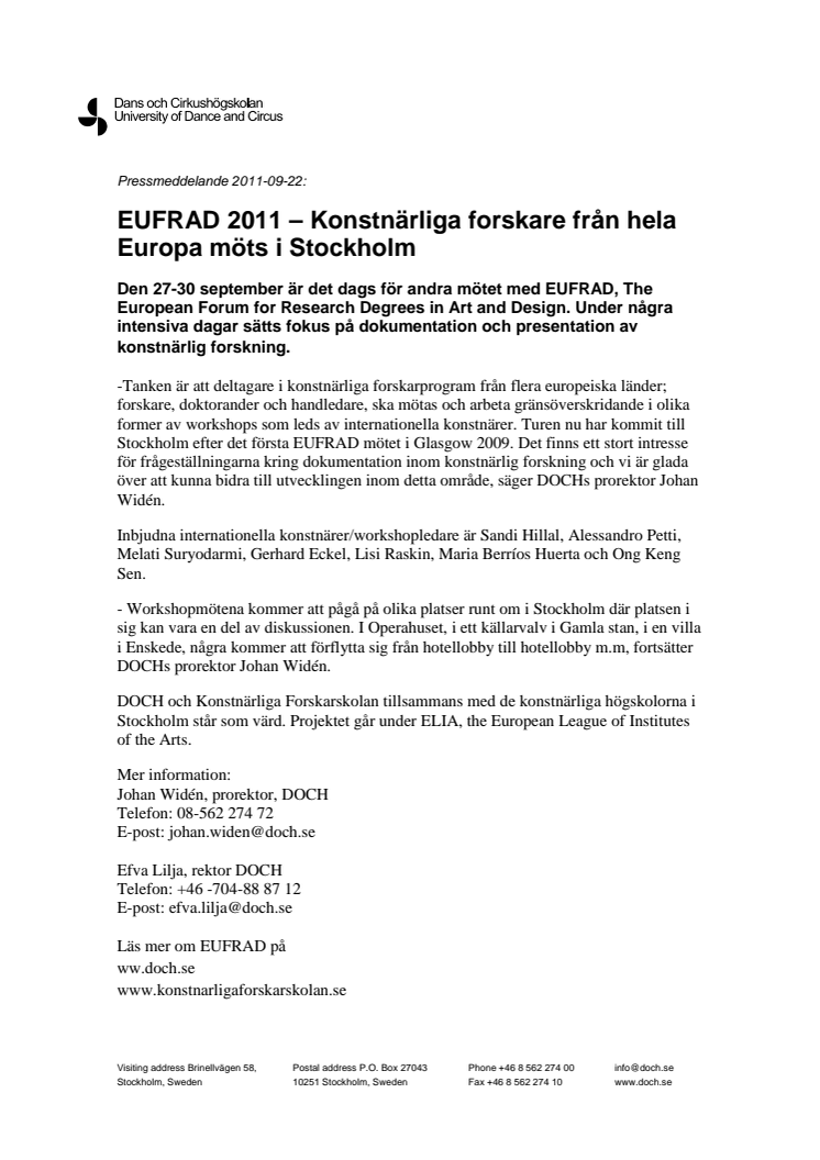 EUFRAD 2011 – Konstnärliga forskare från hela Europa möts i Stockholm 
