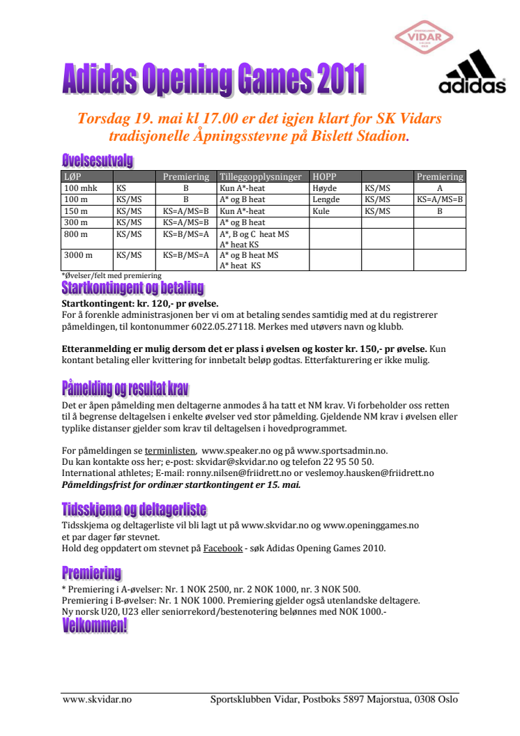Invitasjon til SK Vidars elitestevne på Bislett Stadion 19.mai