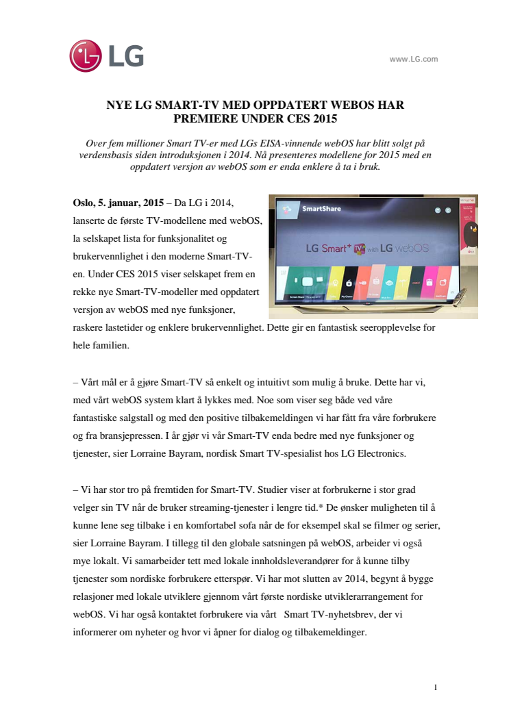 NYE LG SMART-TV MED OPPDATERT WEBOS HAR PREMIERE UNDER CES 2015