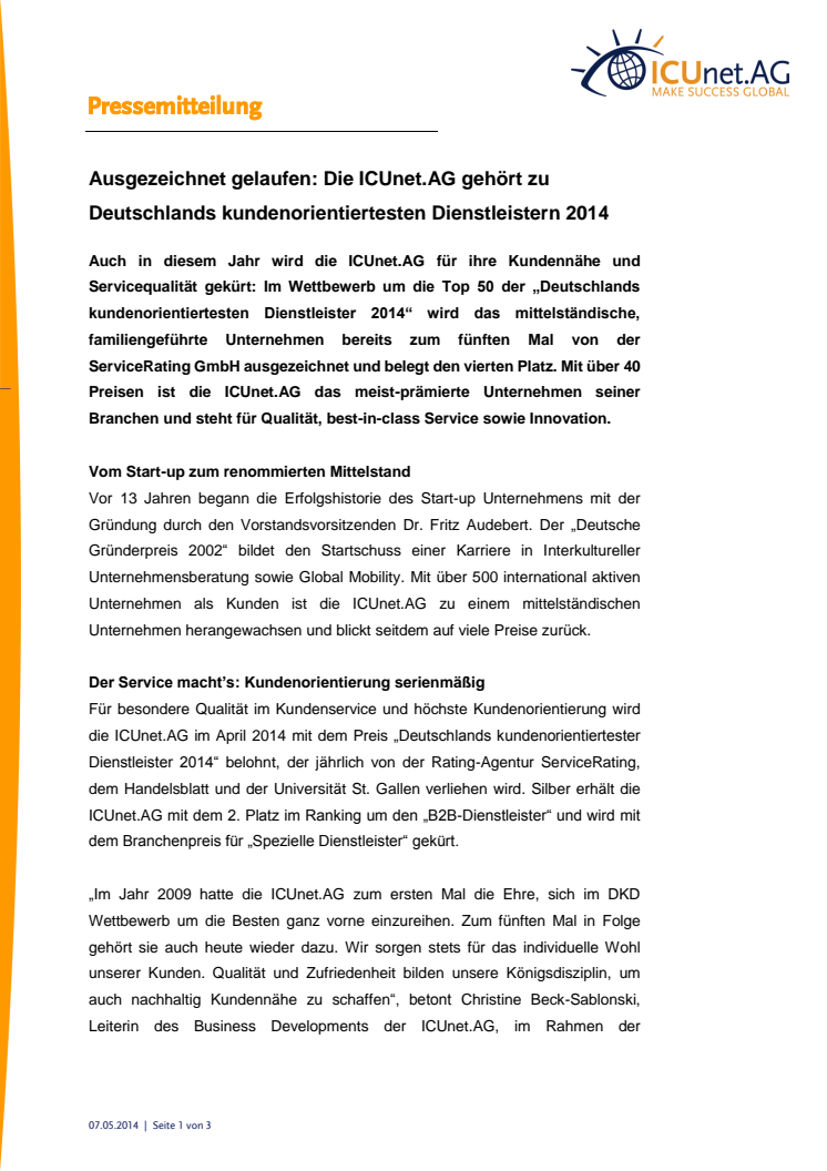 Ausgezeichnet gelaufen: Die ICUnet.AG gehört zu Deutschlands kundenorientiertesten Dienstleistern 2014