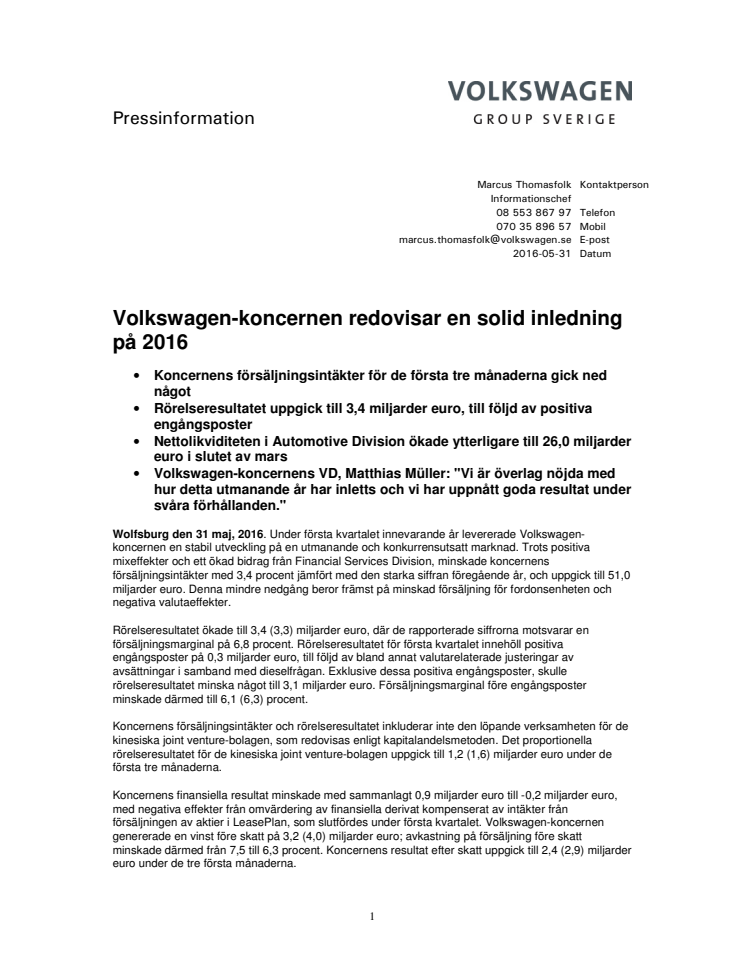 Volkswagen-koncernen redovisar en solid inledning på 2016