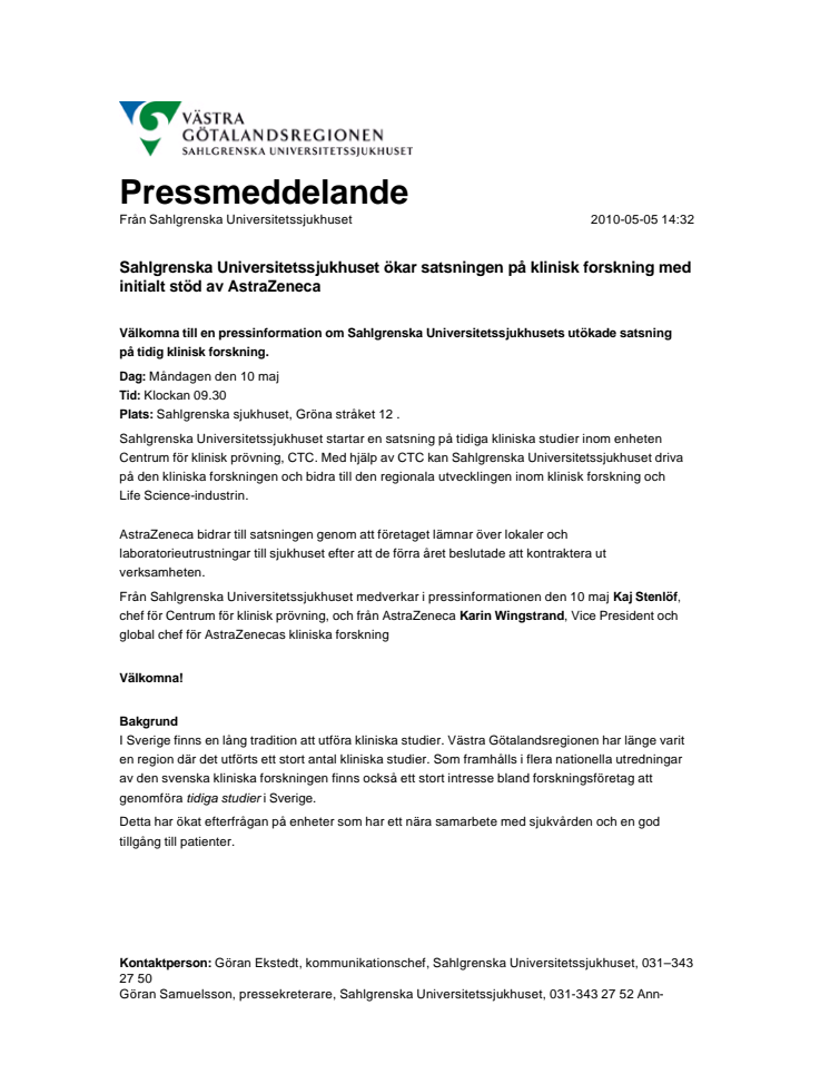Pressinformation om Sahlgrenskas satsning på klinisk forskning med initialt stöd av AstraZeneca