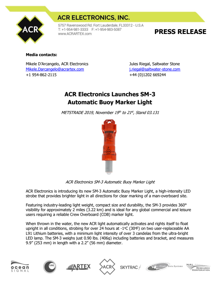 ACR Electronics Launches SM-3 Automatic Buoy Marker Light