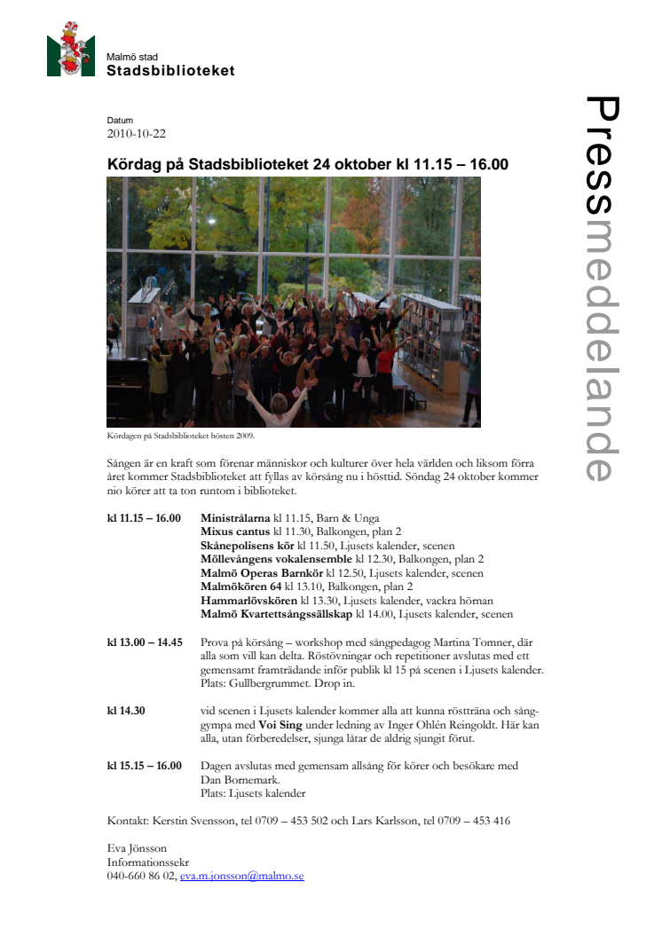 Kördag på Stadsbiblioteket 24 oktober kl 11.15 – 16.00