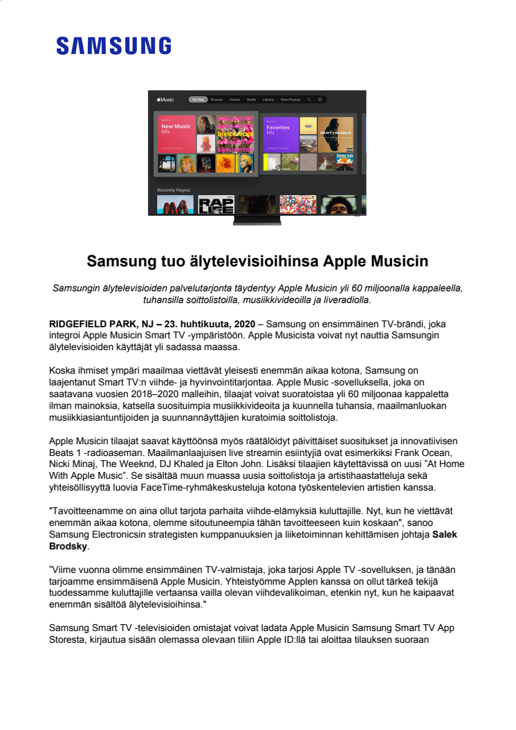 Samsung tuo älytelevisioihinsa Apple Musicin