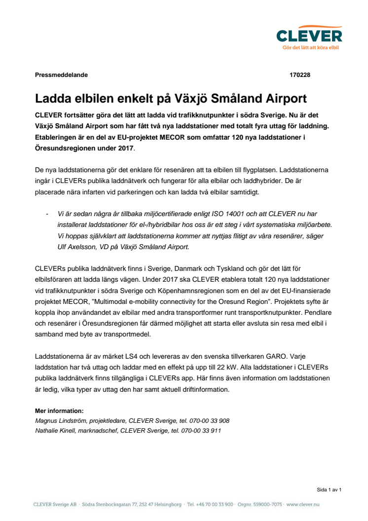 Ladda elbilen enkelt på Växjö Småland Airport