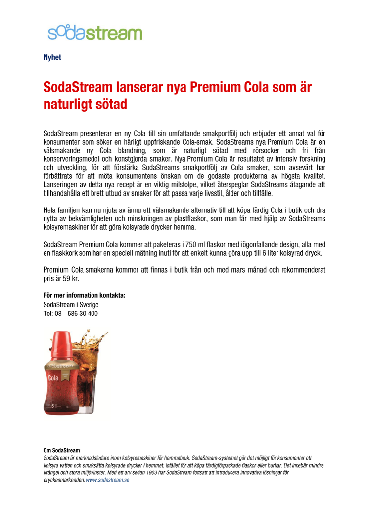 SodaStream lanserar nya Premium Cola som är naturligt sötad