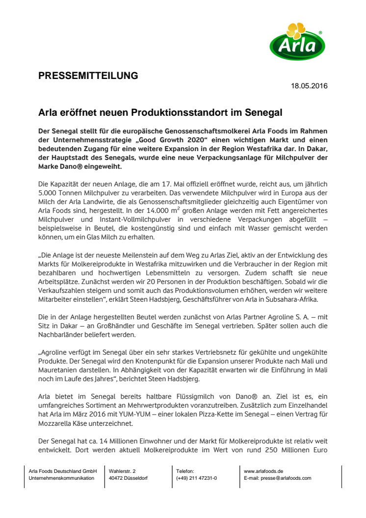 Arla eröffnet neuen Produktionsstandort im Senegal   