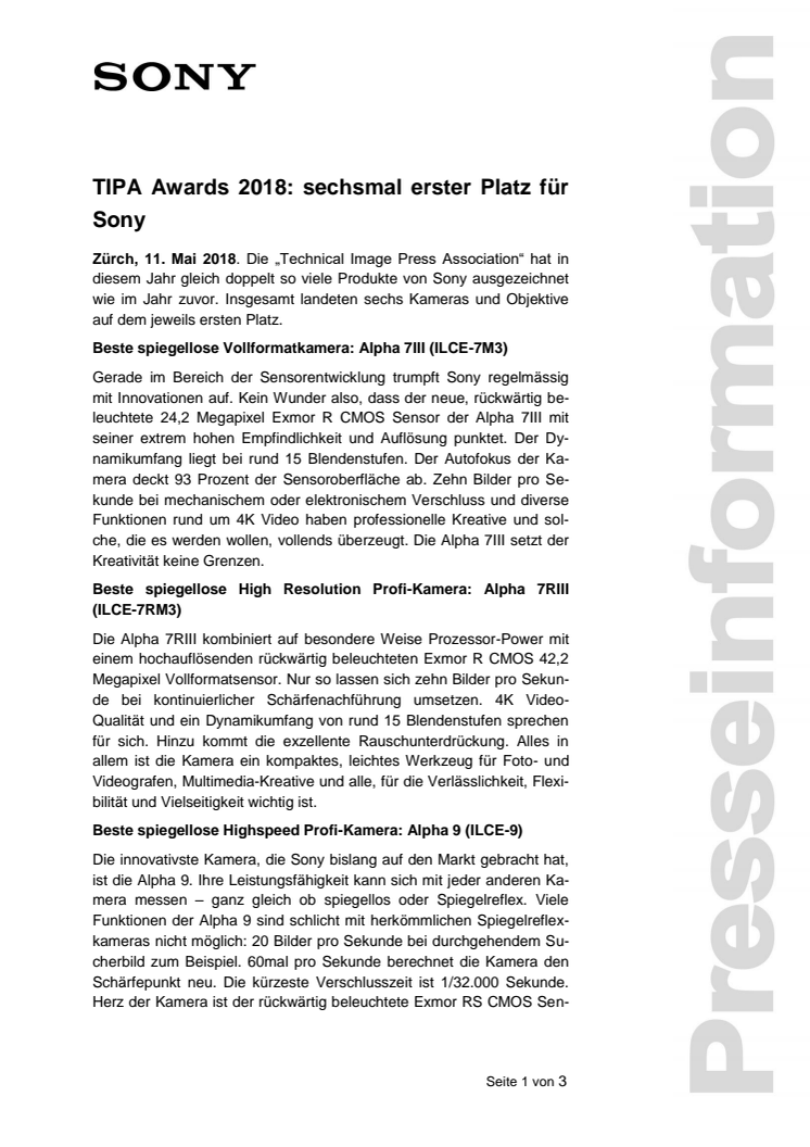 TIPA Awards 2018: sechsmal erster Platz für Sony