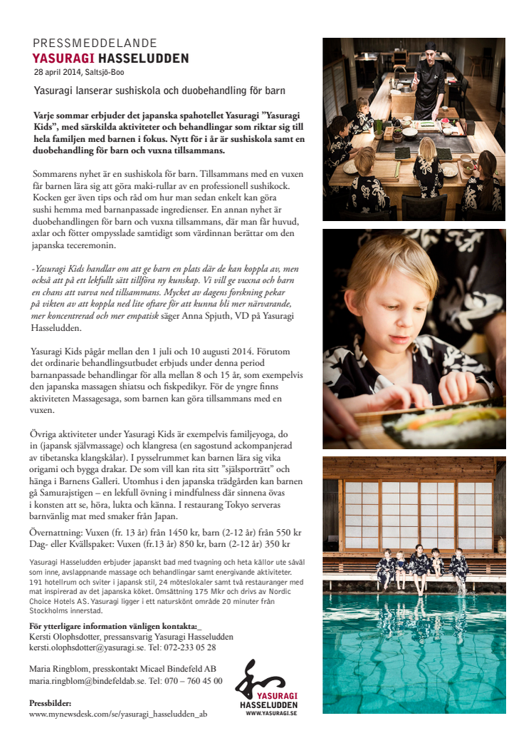 Yasuragi Kids lanserar sushiskola och duobehandling för barn
