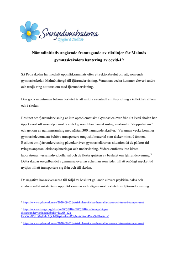 Nämndsinitiativ angående framtagande av riktlinjer för Malmös gymnasieskolors hantering av covid-19
