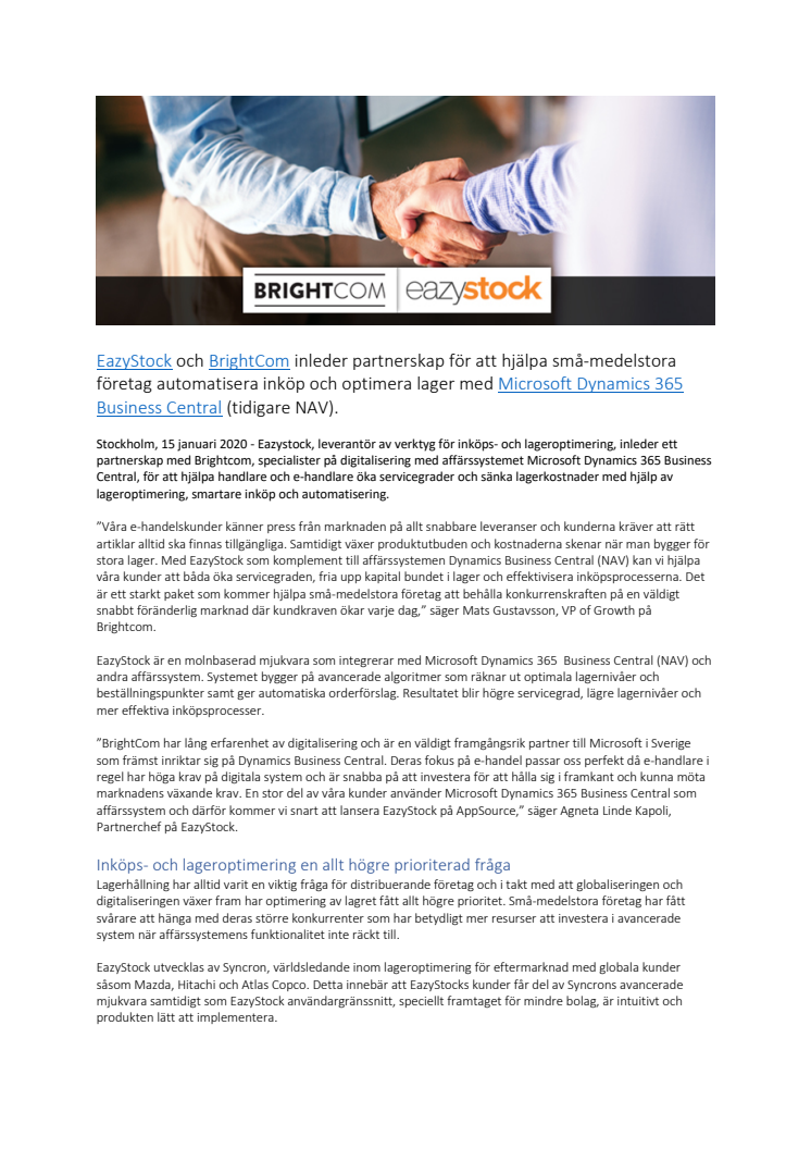 EazyStock och BrightCom inleder partnerskap för att hjälpa små-medelstora företag automatisera inköp och optimera lager med Microsoft Dynamics 365 Business Central (tidigare NAV)