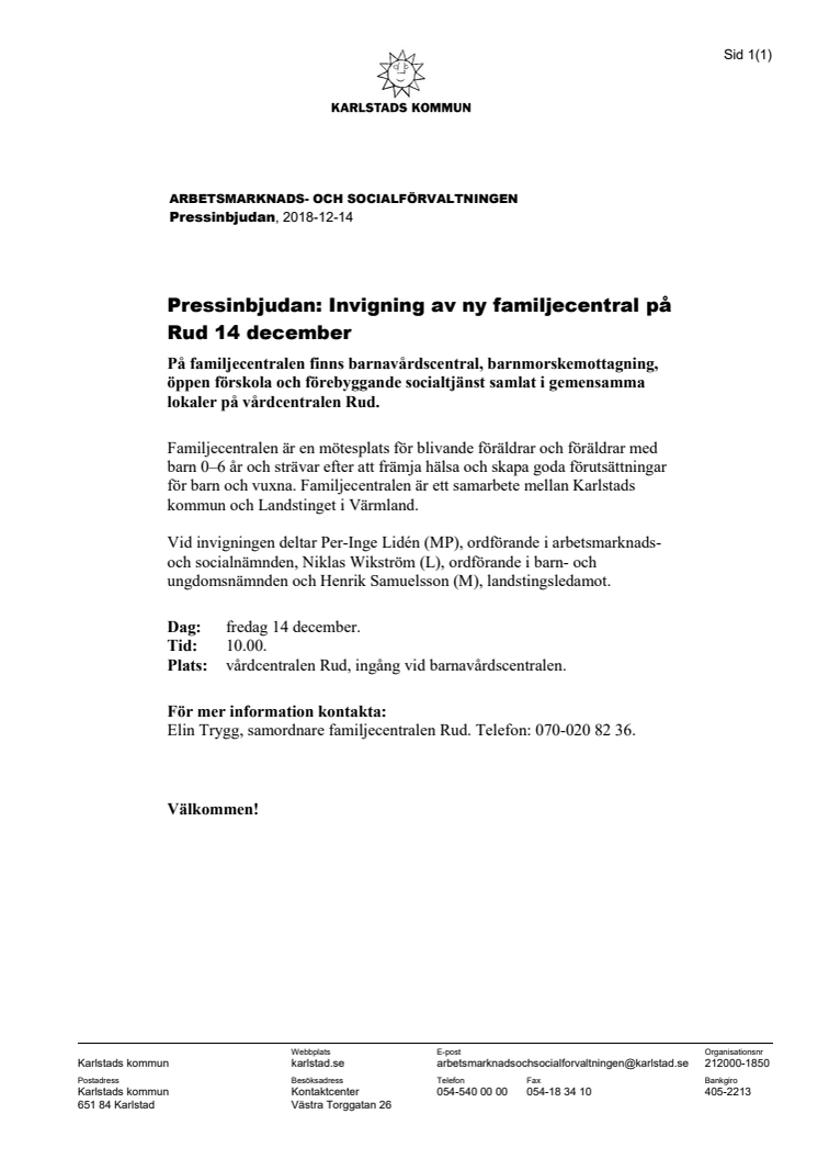 Pressinbjudan: Invigning av ny familjecentral på Rud 14 december