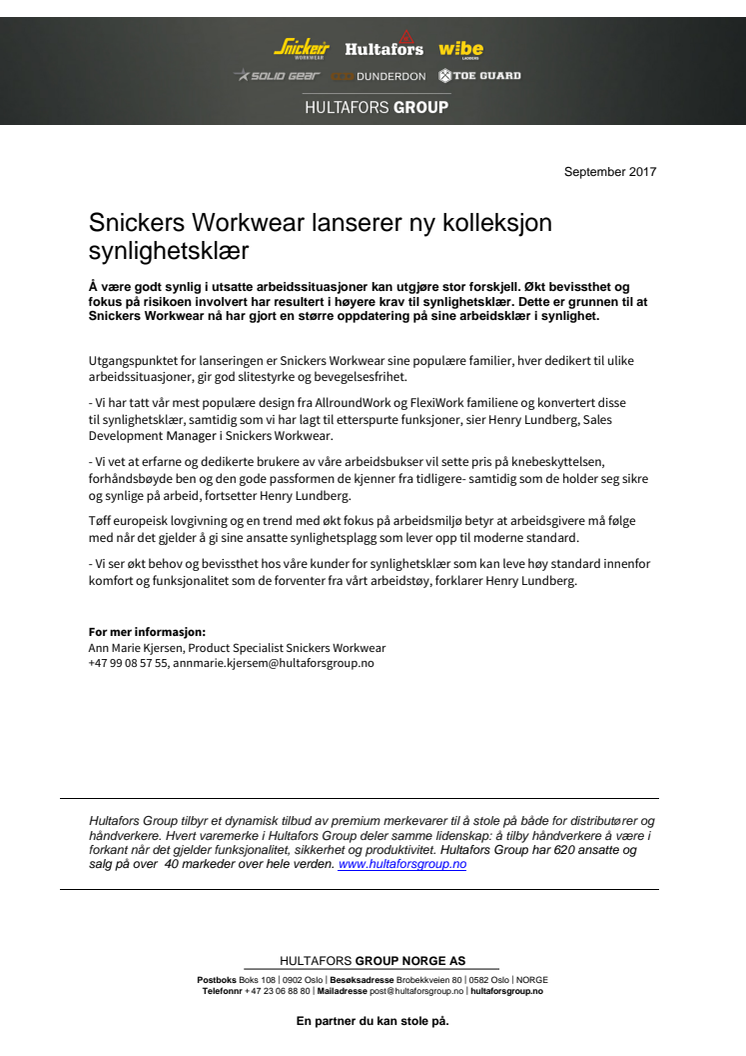 Snickers Workwear lanserer ny kolleksjon synlighetsklær