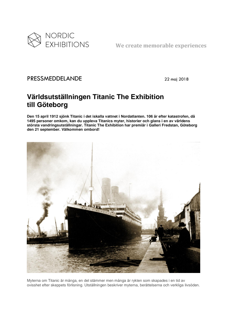 Världsutställningen Titanic The Exhibition till Göteborg