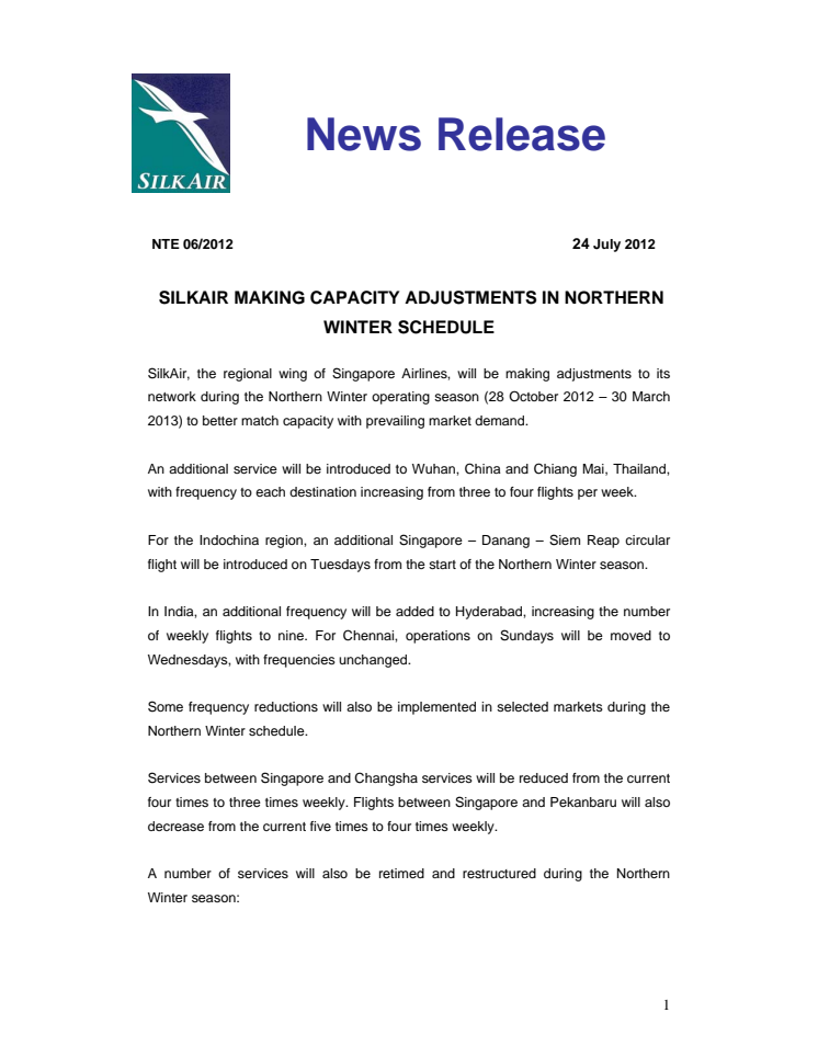 SilkAir Making Capacity Adjustments in Northern Winter Schedule 