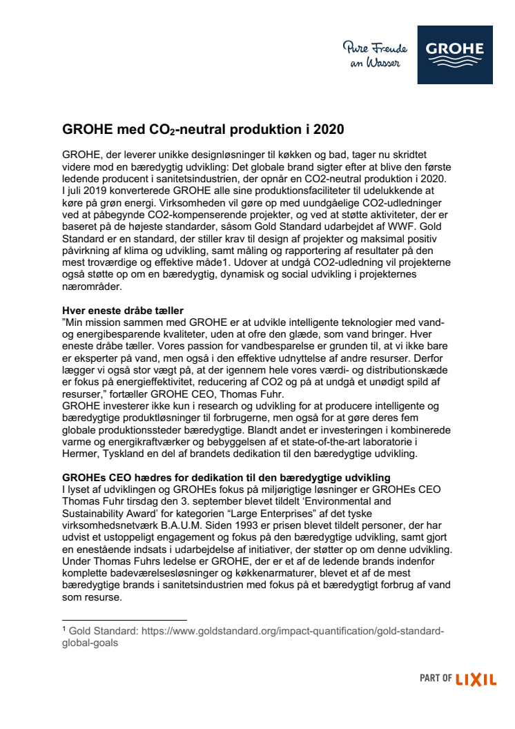 GROHE med CO2-neutral produktion i 2020