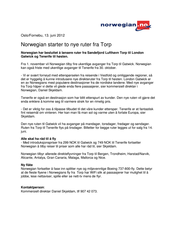 Norwegian starter to nye ruter fra Torp