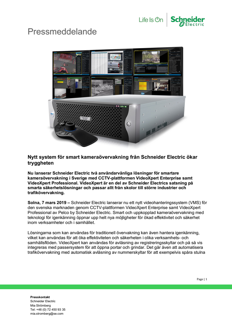 Nytt system för smart kameraövervakning från Schneider Electric ökar tryggheten