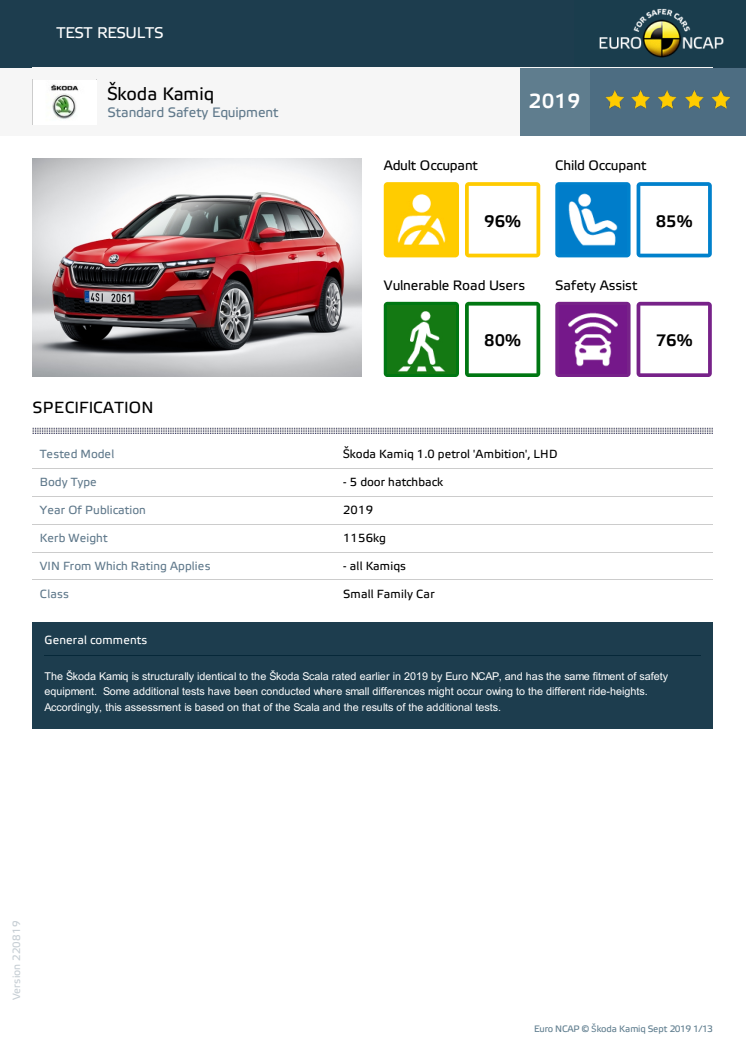 Skoda Kamiq Euro NCAP datasheet September 2019