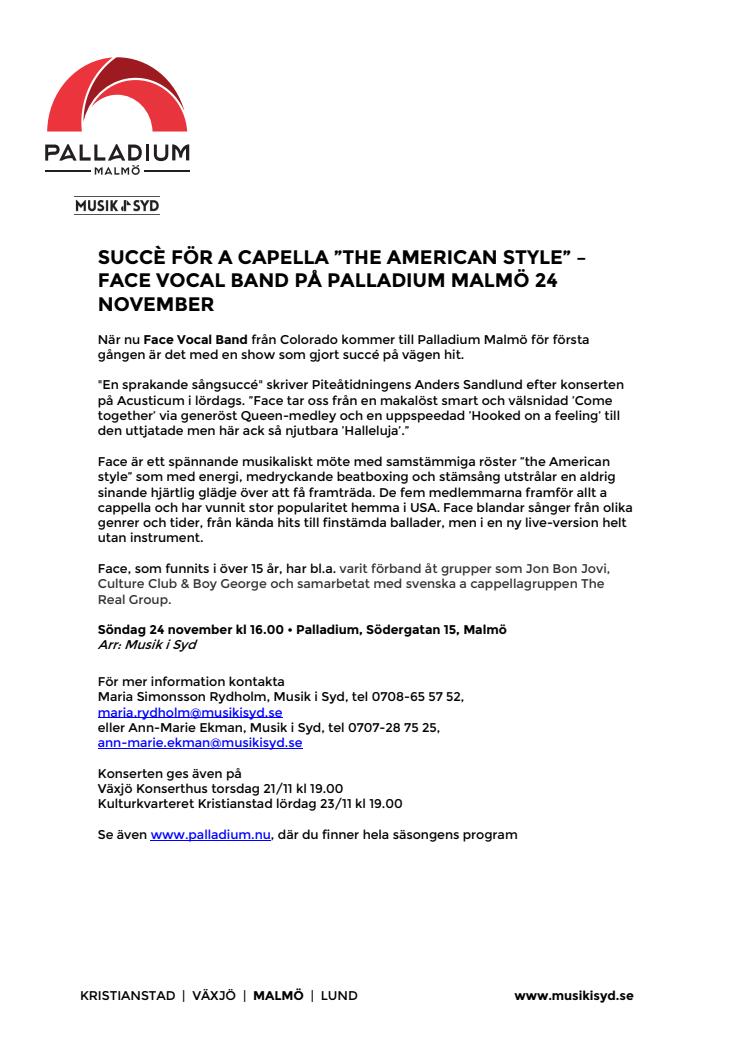Succè för a capella ”the American style” – Face Vocal Band på Palladium Malmö 24 november