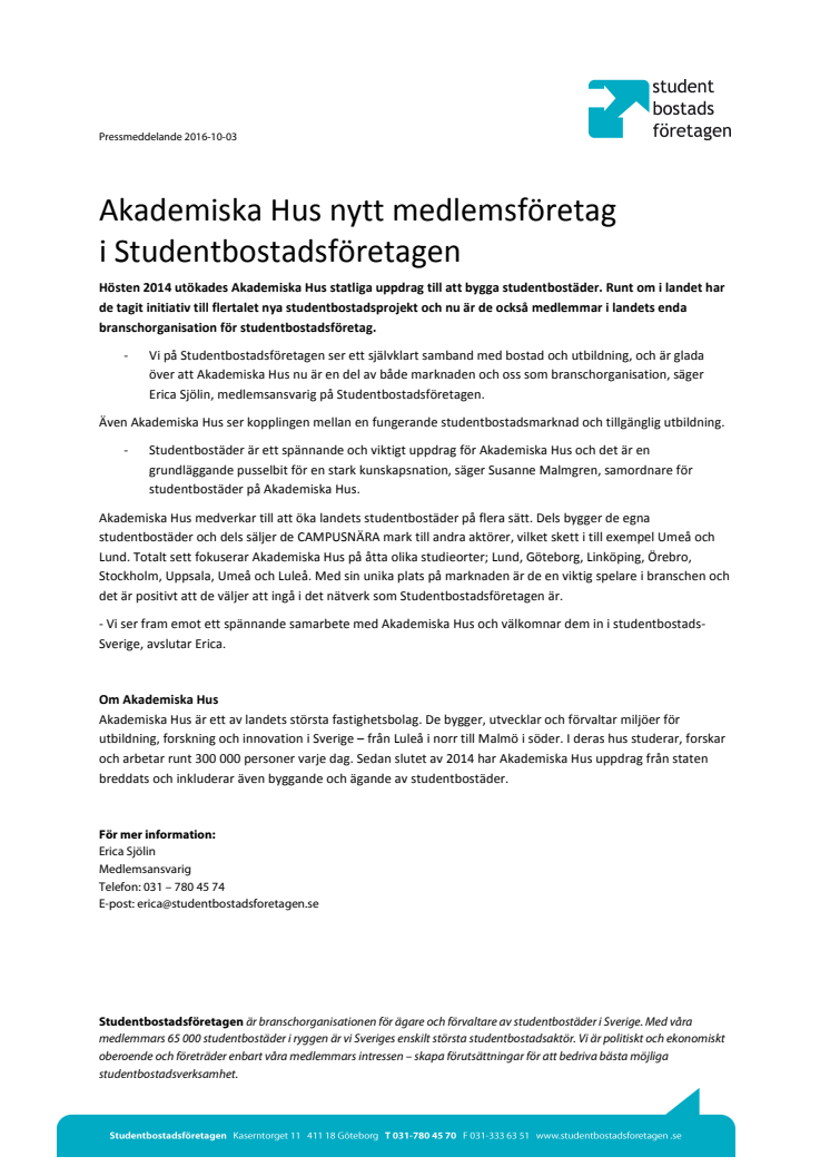 ​Akademiska Hus nytt medlemsföretag i Studentbostadsföretagen