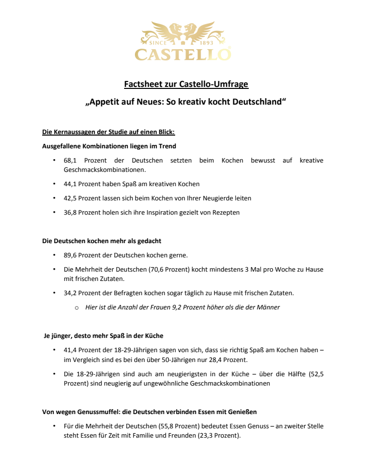 Factsheet zur Castello-Umfrage "Appetit auf Neues: So kreativ kocht Deutschland"