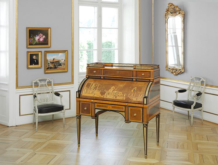 A German gilt bronze mounted marquetry cylinder bureau by David Roentgen (1743-1807).